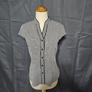 Como Petite PM Black White Striped Blouse Mock Neck Cap Sleeve